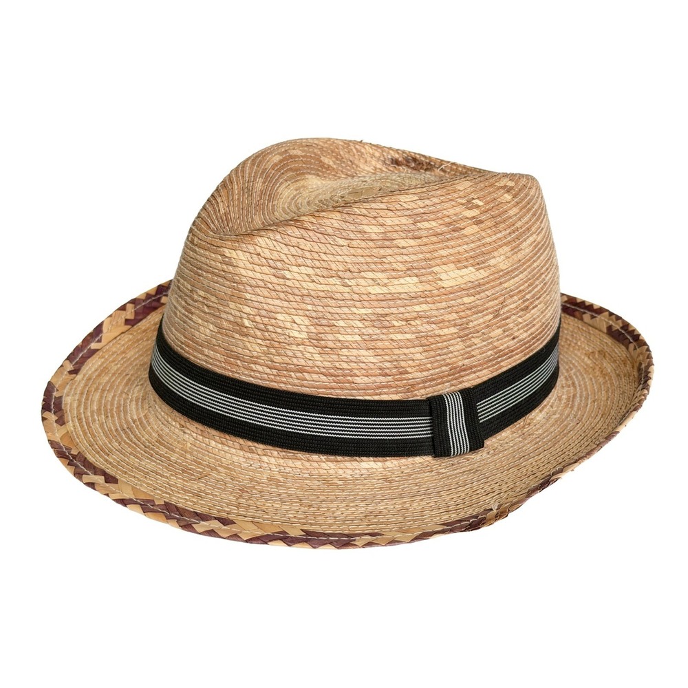 Palm Summer Fedora Straw Men's Hat Diamond Top Crown Striped Band Cuban Style